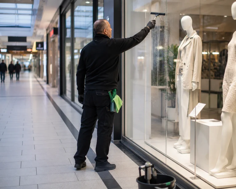 Städare putsar ett skyltfönster i ett köpcentrum med skrapa och rengöringsmedel