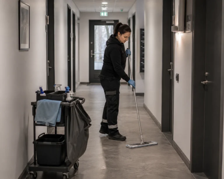 Städare moppar golvet i en fastighetskorridor med städvagn bredvid sig