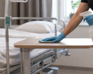 Person i blå skyddshandske rengör sängbord med trasa och sprayflaska bredvid en vårdsäng.