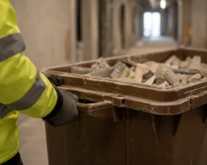 Person i varselkläder skjuter en container fylld med byggavfall och rivningsmaterial genom en korridor på en byggarbetsplats.