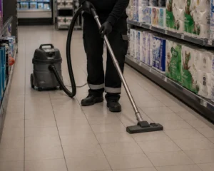 Person i mörka kläder dammsuger golvet i en butiksgång med hyllor fyllda av toalettpapper.