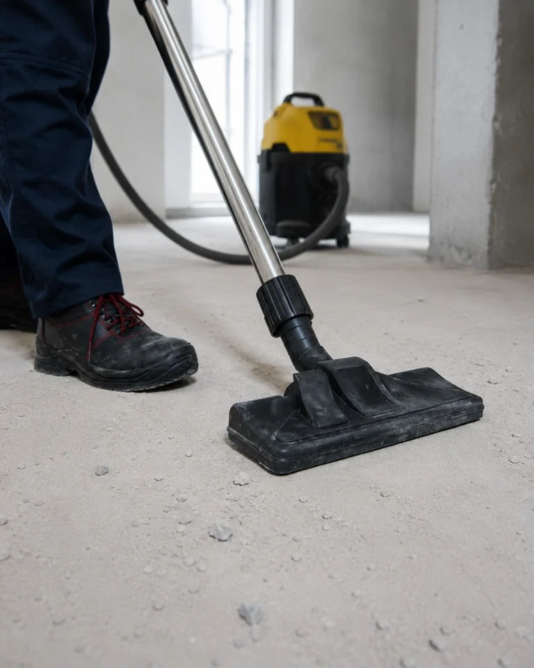 Person i skyddsskor dammsuger dammigt betonggolv med industridammsugare på en byggarbetsplats.