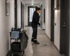 Kvinna i mörka kläder moppar golvet i en trapphuskorridor med lägenhetsdörrar, med städvagn bredvid sig.
