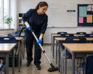 Kvinna i mörkblå arbetskläder dammsuger golvet i ett tomt klassrum med skolbänkar och whiteboard i bakgrunden.