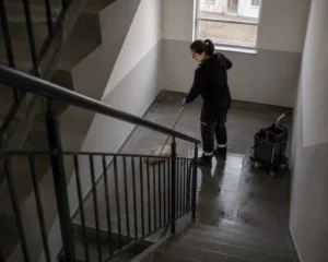 Städare moppar trapphusplanet uppifrån sett med städhink bredvid sig